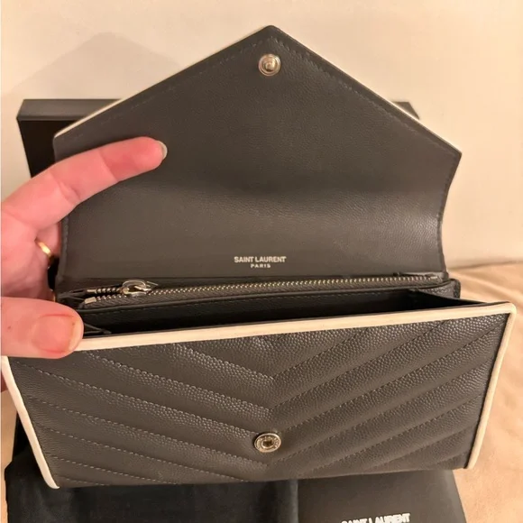 Saint Laurent YSL Cassandre Chevron Quilted Grey Leather Long Wallet W/ COA - Picture 9 of 15